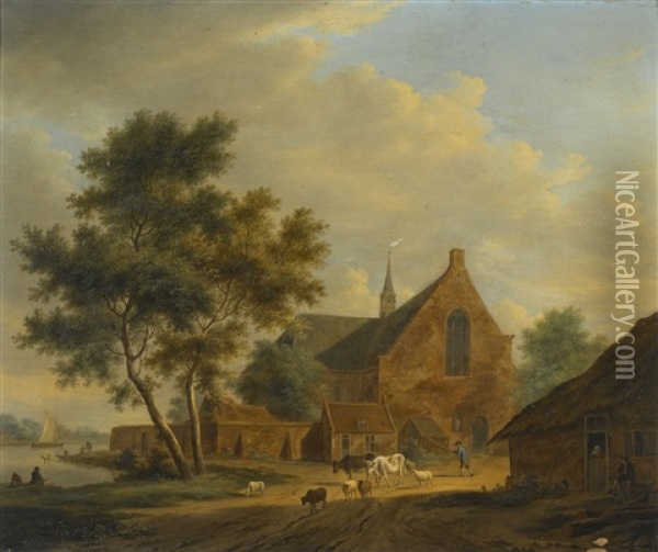 A Drover With Livestock By A Church And A River Oil Painting - Johannes I Janson