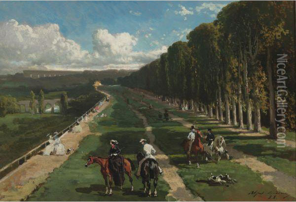 L'allee Cavaliere Sur Las Terrasse De Saint-germain Oil Painting - Alfred De Dreux