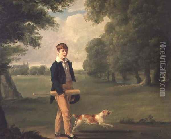 Young Man with a Cricket Bat Walking a Spaniel in the Grounds of Eton College Oil Painting - Ramsay Richard Reinagle