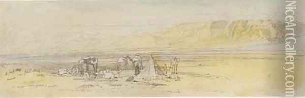 An encampment at sunrise, Gebel Alaka, Suez, Egypt Oil Painting - Edward Lear