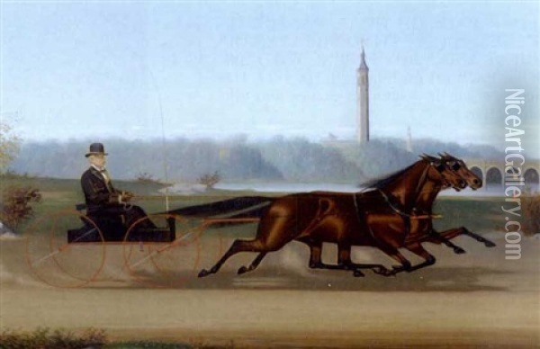 Our For A Carriage Ride With Two Trotters Oil Painting - James J. Mcauliffe
