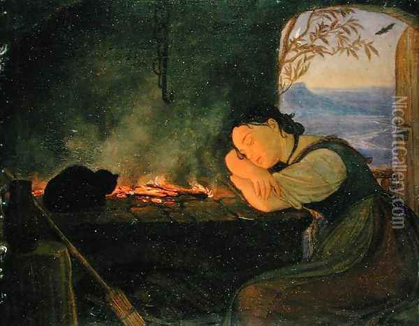 Girl Sleeping by the Fire, 1843 Oil Painting - Friedrich Wasmann