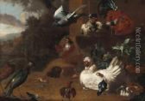 A Cockerel, Hens, Chicks, A Pigeon And Other Birds In A Landscape Oil Painting - Melchior de Hondecoeter