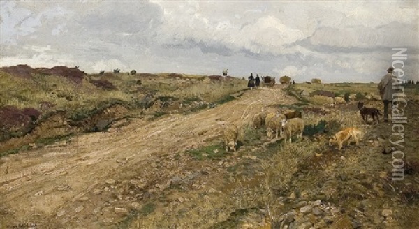 Shepherd On The Way Home In Hessian Oil Painting - Hugo Muehlig