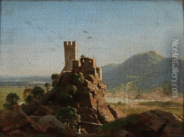 A Sunlit Ruin In An Italian Mountain Landscape Oil Painting - Heinrich Buntzen