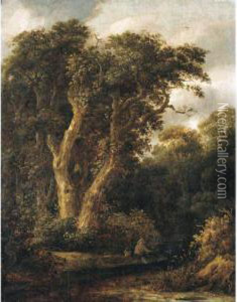 A Wooded Landscape With A Boor Fishing Oil Painting - Salomon Rombouts