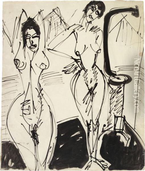 Nackte Frauen Am Ofen - Zwei Nackte Frauen Im Atelier Oil Painting - Ernst Ludwig Kirchner
