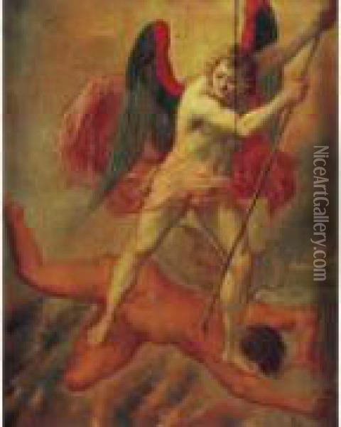 L'archange De Saint Michel Combattant Le Demon. Oil Painting - Jacob I De Backer