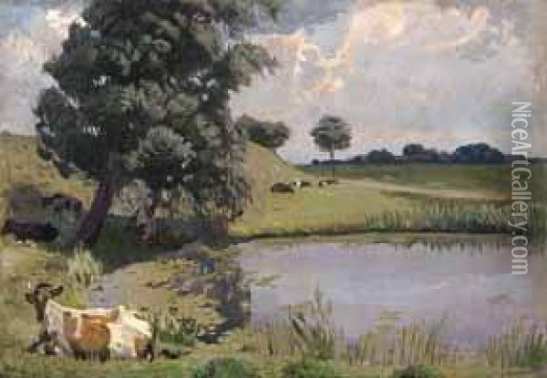 Liegende Kuh Vor Einem Kleinen See. Oil Painting - Hans Hammer