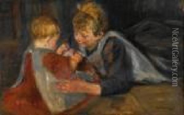 Spielende Kinder - Interieur Mit Zwei Kleinen Madchen Oil Painting - Max Liebermann