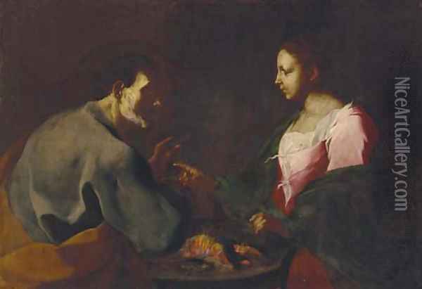 An elderly man and a woman by a brazier Oil Painting - Giuseppe Antonio Petrini