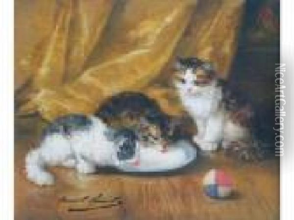Trois Jeunes Chats Alassiette De Lait Oil Painting - Alphonse de Neuville