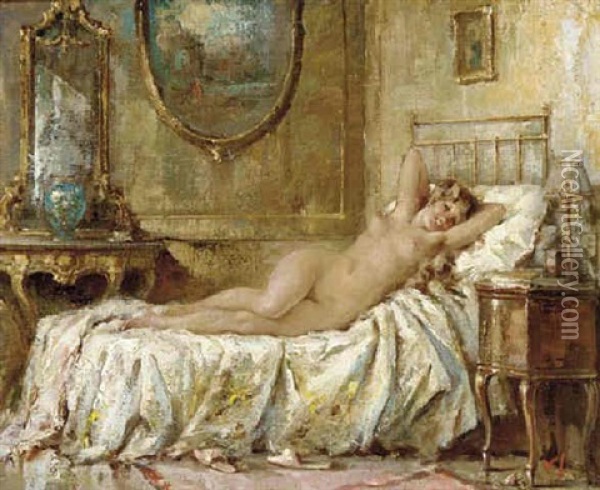 A Reclining Nude On A Bed Oil Painting - Vincenzo Irolli