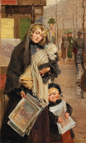 Street Scene With Woman Selling Illustrations Oil Painting - Antoine Auguste Thivet