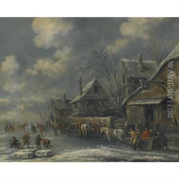 A Frozen River Landscape With Children Playing On The Ice And Figures Gathered Outside The Swan Inn Oil Painting - Nicolaes Molenaer