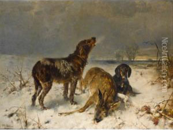 Two Hunting Dogs With Their Catch Oil Painting - Friedrich Otto Gebler