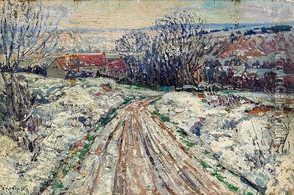 A Winter Landscape With A Track And A Village Beyond Oil Painting - Vaclav Radimsky