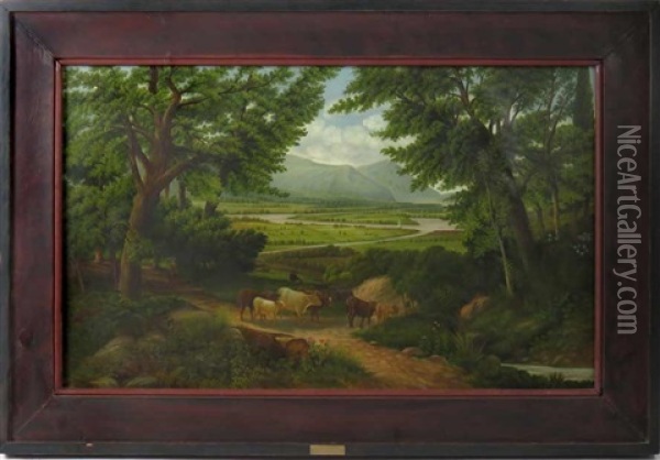 Overview Of Mountain Valley, With Cows Oil Painting - Andrew Melrose