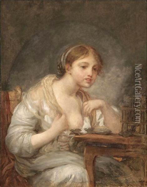 A Young Woman With A Birdcage Oil Painting - Jean Baptiste Greuze