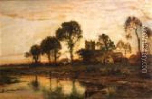 An Evening Landscape With A Church In The Distance Oil Painting - Daniel Sherrin