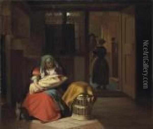 A Lady Nursing A Child In An Interior Oil Painting - Pieter De Hooch