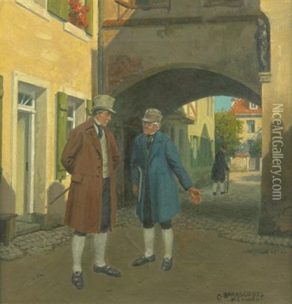 Zwei Altere Herren Bei Einer Unterhaltung In Kleiner Altstadtgasse Oil Painting - Max Barascudts