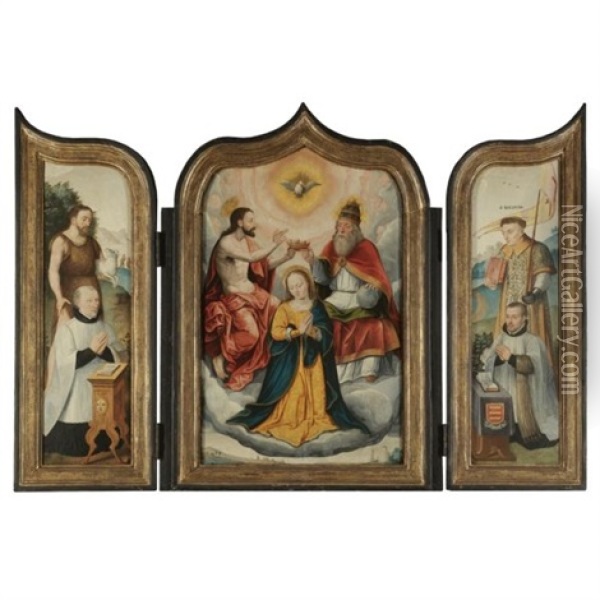 The Coronation Of The Virgin, Saint John The Baptist With Kneeling Donor And Saint Baldwin With A Kneeling Donor (triptych) Oil Painting - Bartholomaeus Bruyn the Elder