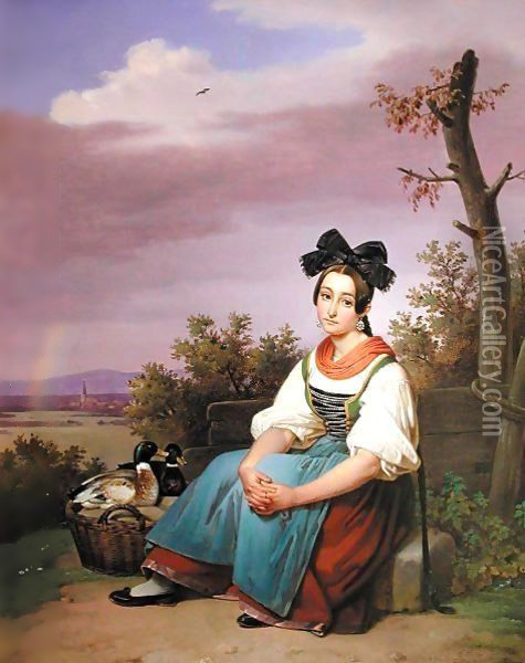 Die Entenverkauferin (Girl Selling Ducks) Oil Painting - Theodor Leopold Weller