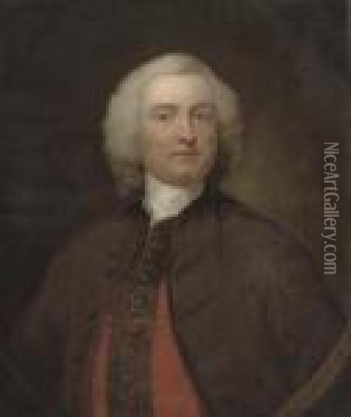 Portrait Of A Gentleman 
Traditionally Identified As Sir John Campbell, 4th Duke Of Argyll 
(c.1693-1770), Half-length, In A Brown Coat And Red Waistcoat, Feigned 
Oval Oil Painting - Allan Ramsay