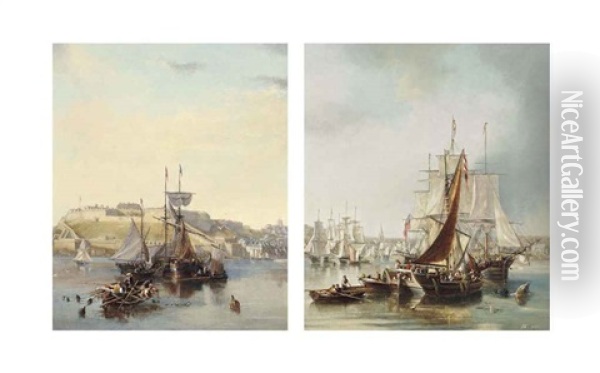 Fishing Vessels At Anchor Lying Before The Citadel At Plymouth (+ View From The Harbour Of The Old Town Of Plymouth (both Illustrated); Pair) Oil Painting - John Wilson Carmichael