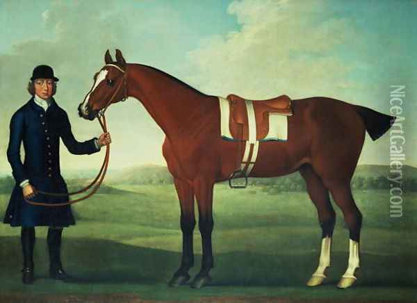 A Bay Hunter Held by a Groom Oil Painting - James Seymour