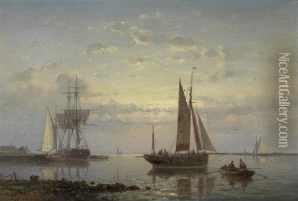 Moored Fishing Boats At Sunset Oil Painting - Abraham Hulk the Elder