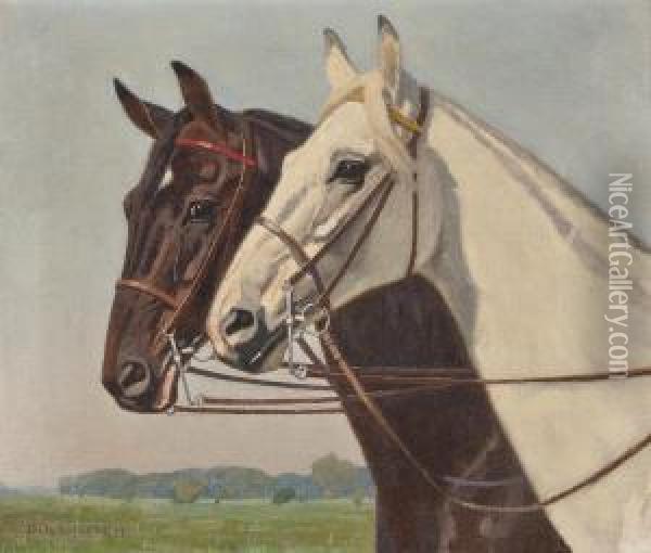 Zwei Pferde Mit Geschirr Oil Painting - Fritz Volkers