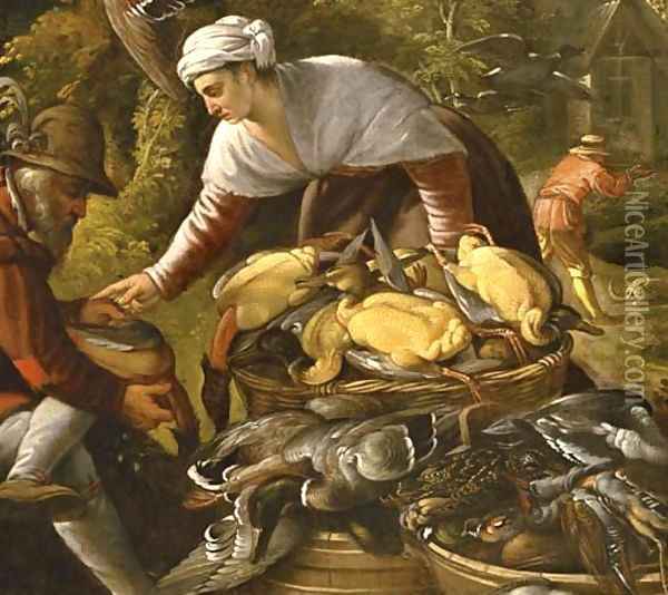 Peasants plucking ducks by a wood, a hunter beyond Oil Painting - Paolo Fiammingo