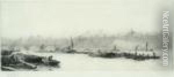 Barges On The Thames Signed In Pencil 5 X 11.75in Oil Painting - William Lionel Wyllie
