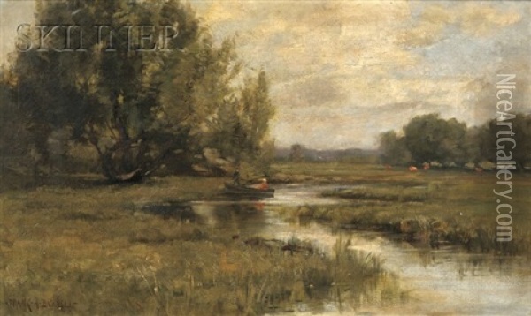 Marsh View With Figures In A Punt Oil Painting - Frank Alfred Bicknell