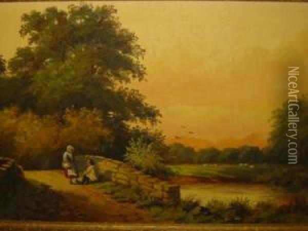 Landscape With Figures On A Bridge Oil Painting - William P. Cartwright