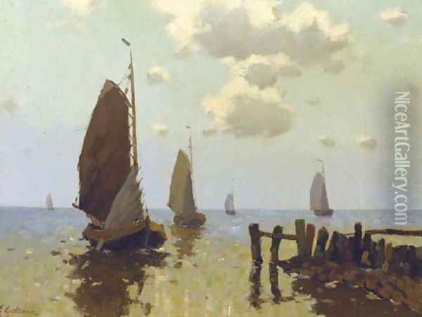 Haven Hindeloopen sailing vessels near the harbour entrance of Hindeloopen Oil Painting - Egnatius Ydema