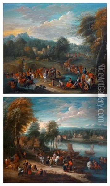 Paysages Avec Nombreux Personnages Pres De Rivieres (pair) Oil Painting - Mathys Schoevaerdts