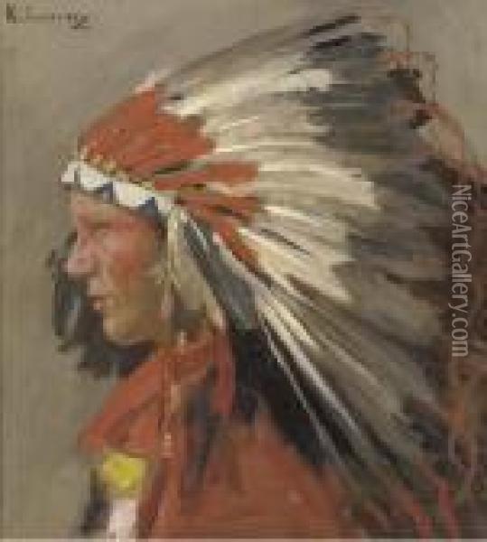 Profile Of An Indian Chief With Headdress Oil Painting - Richard Lorenz