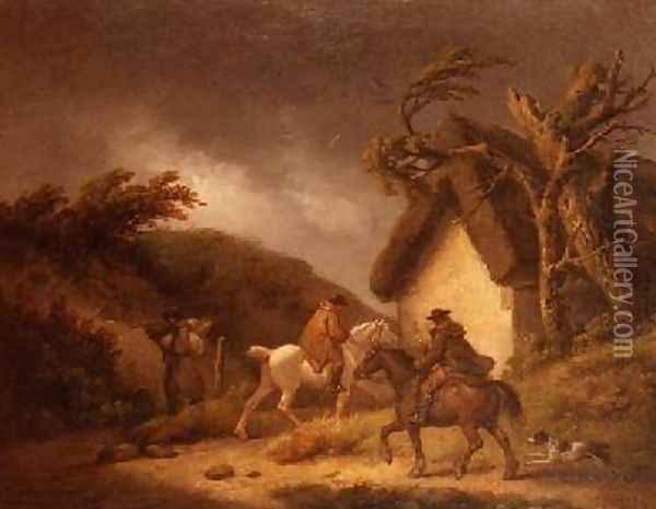 A stormy wooded landscape with travellers Oil Painting - George Morland