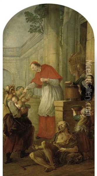 Saint Carlo Borromeo Giving Alms To The Poor Oil Painting - Pierre Louis Dumesnil