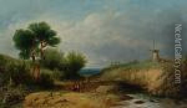 Figures In A Landscape With A Windmill Oil Painting - Alfred Vickers