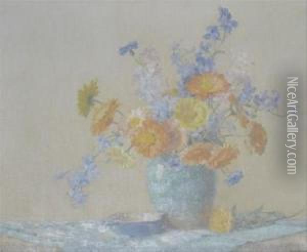 Still Life Of Flowers In A Green Vase Oil Painting - Freda, Nee Clulow Marston