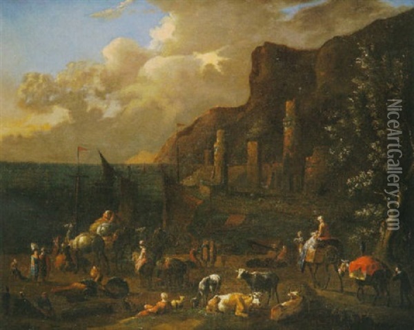 Paisaje Con Puerto Mediterraneo Oil Painting - Jan-Baptiste van der Meiren