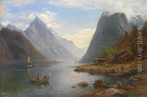 Vestlandsfjord Med Bater Oil Painting - Anders Monsen Askevold
