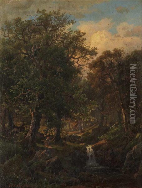 Forest Landscape With Figure Beside A Brook Oil Painting - William Stanley Haseltine