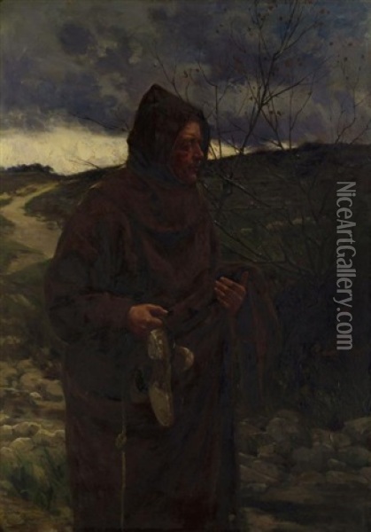 Monk In A Winter Landscape, (recto), Unfinished Sketch Of A Monk In A Landscape, (verso) Oil Painting - Walter Dendy Sadler