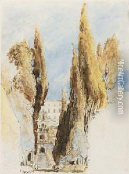 Cypresses At The Villa D'este, Tivoli Oil Painting - William Collins