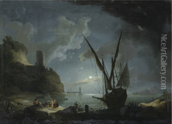 Scene De Port Mediterraneen Au Clair De Lune Oil Painting - Pierre Jacques Volaire